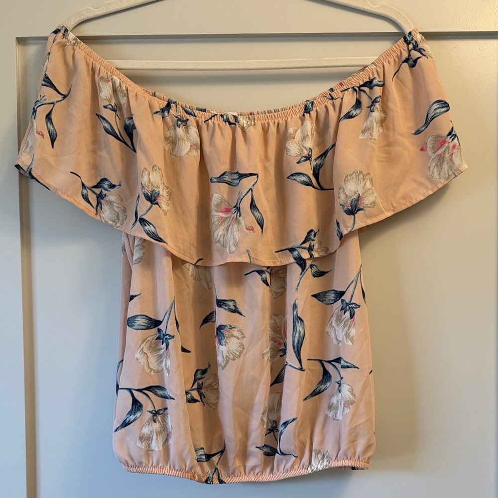 Sienna Sky Off-Shoulder Floral Blouse - Peach and Navy with a Pop of Pink